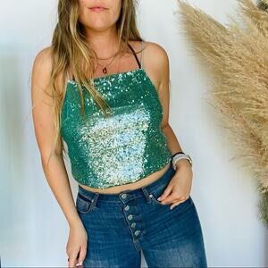 NEW TOPSHOP Teal Aqua Mermaid Sequin Slit Back Tank Top Cami Shirt Blouse 8